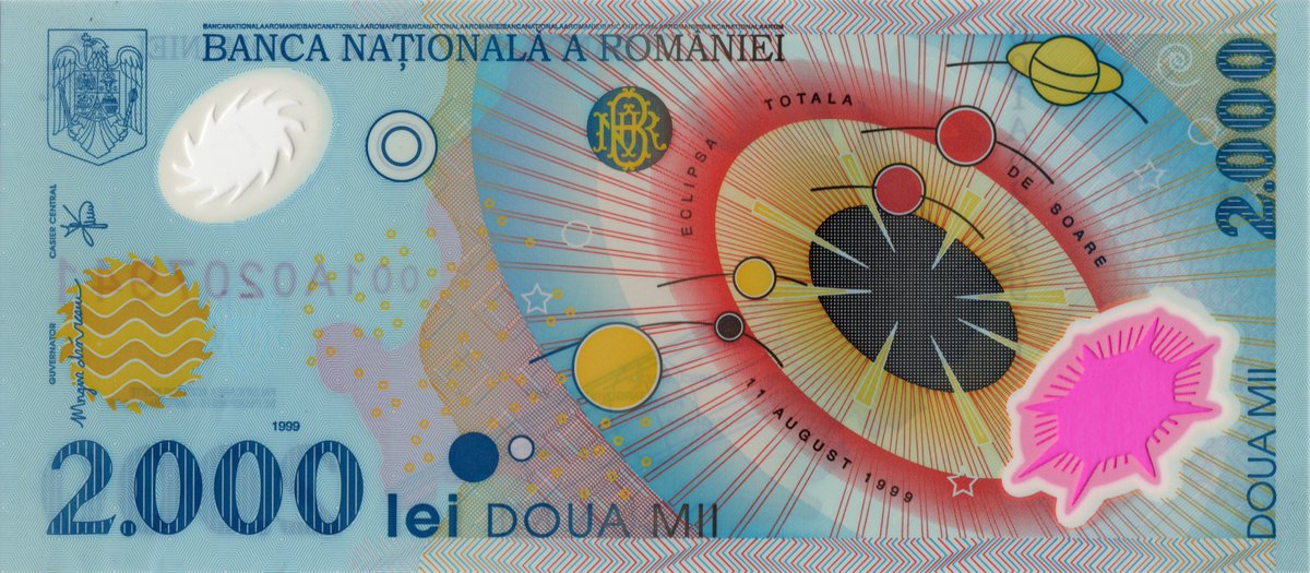 2,000 Romanian Lei (1999). Peculiar for being the first European polymer banknote, and for its design which marks the total eclipse of the sun in 1999.

#Banknotes #BanknotesDesign #MoneyDesign #WorldMoney #PaperMoney #twitterstorians #numismatics