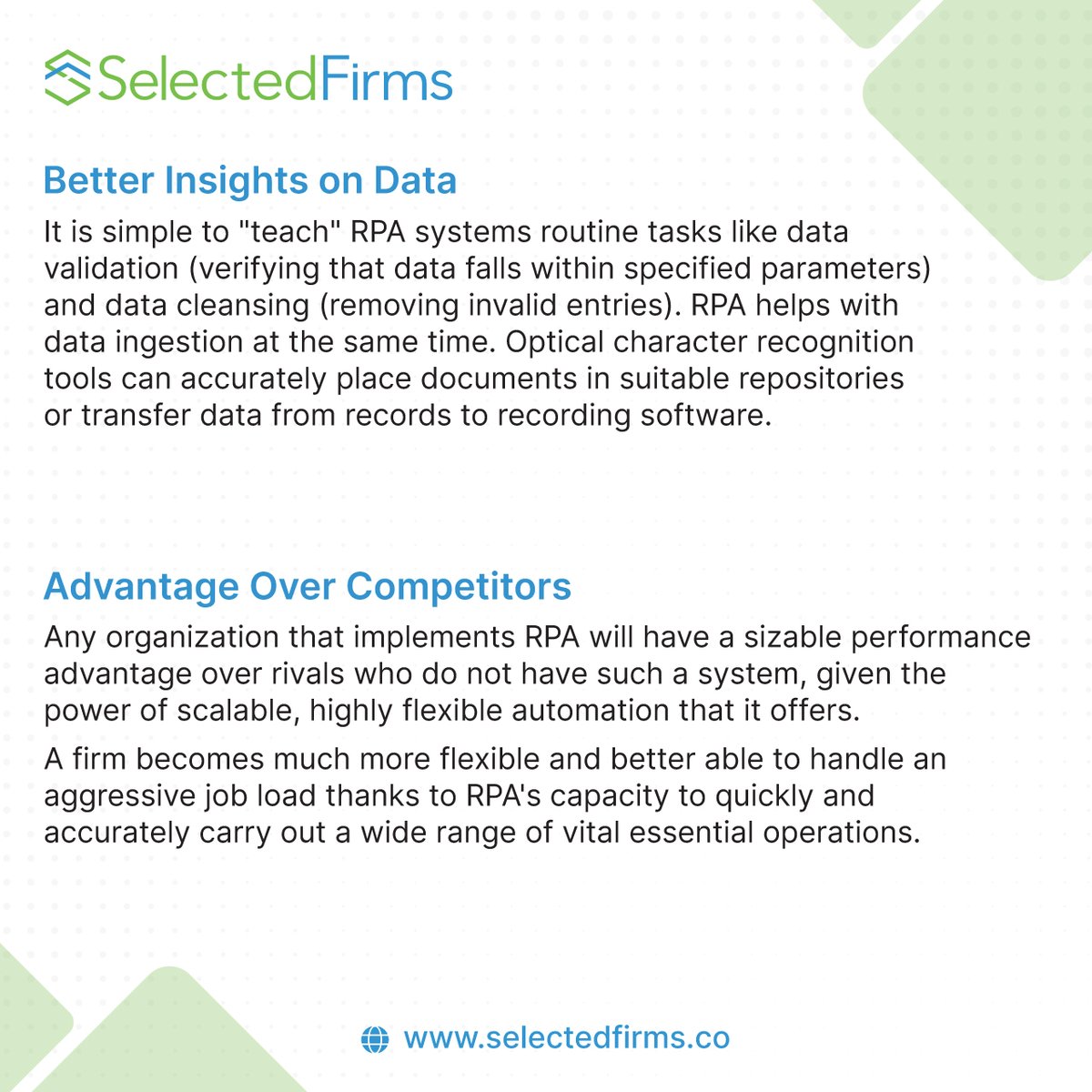 FirmsSelected's tweet photo. Key Benefits of Robotics Process Automation
Let's explore what Robotic Process Automation offer to an organization!
#selectedfirms #roboticsprocessautomation #robotics #automation #robots #rpa #technology #robot #innovation #ai #artificialintelligence #banking #machinelearning https://t.co/HvaFXD6AGv