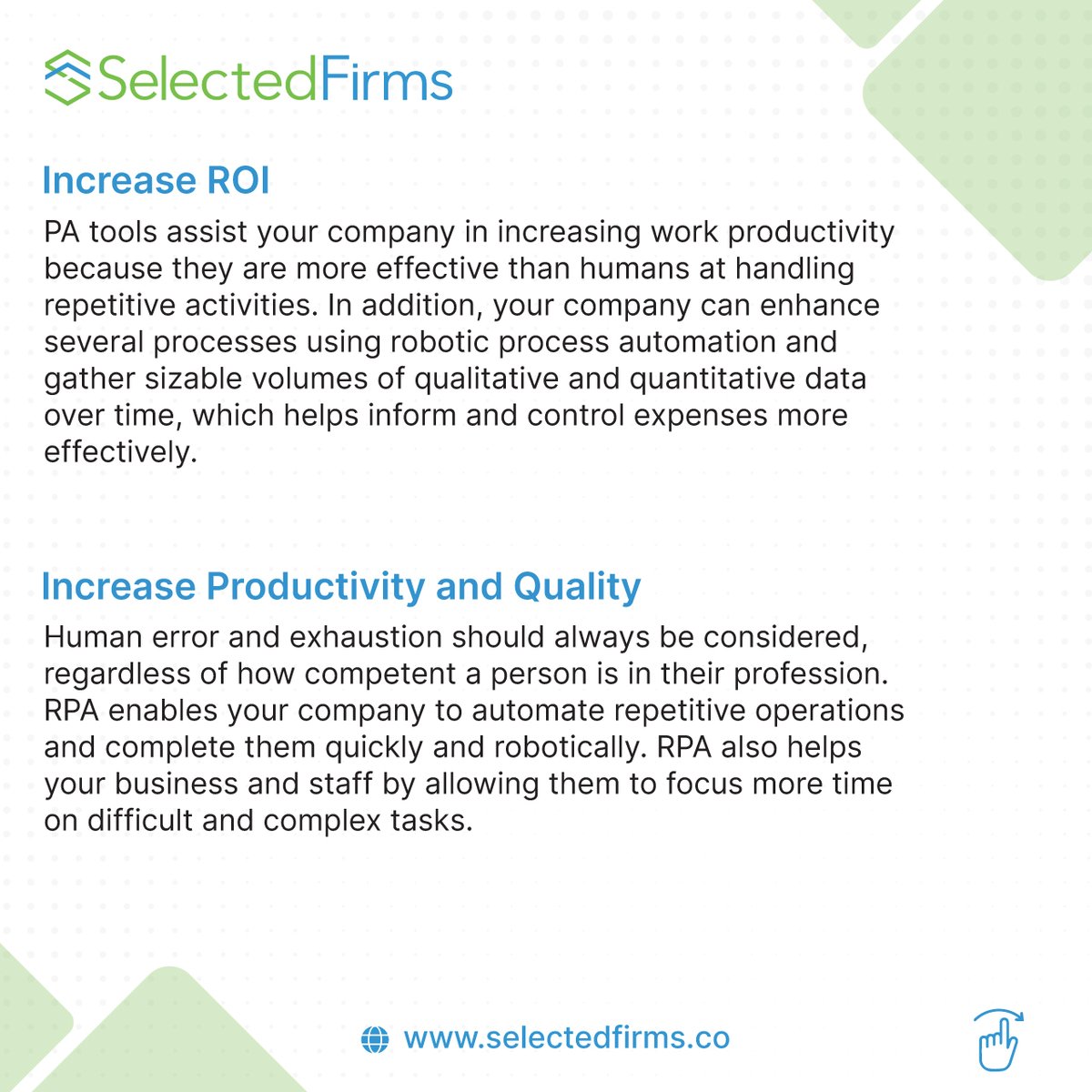FirmsSelected's tweet photo. Key Benefits of Robotics Process Automation
Let's explore what Robotic Process Automation offer to an organization!
#selectedfirms #roboticsprocessautomation #robotics #automation #robots #rpa #technology #robot #innovation #ai #artificialintelligence #banking #machinelearning https://t.co/HvaFXD6AGv