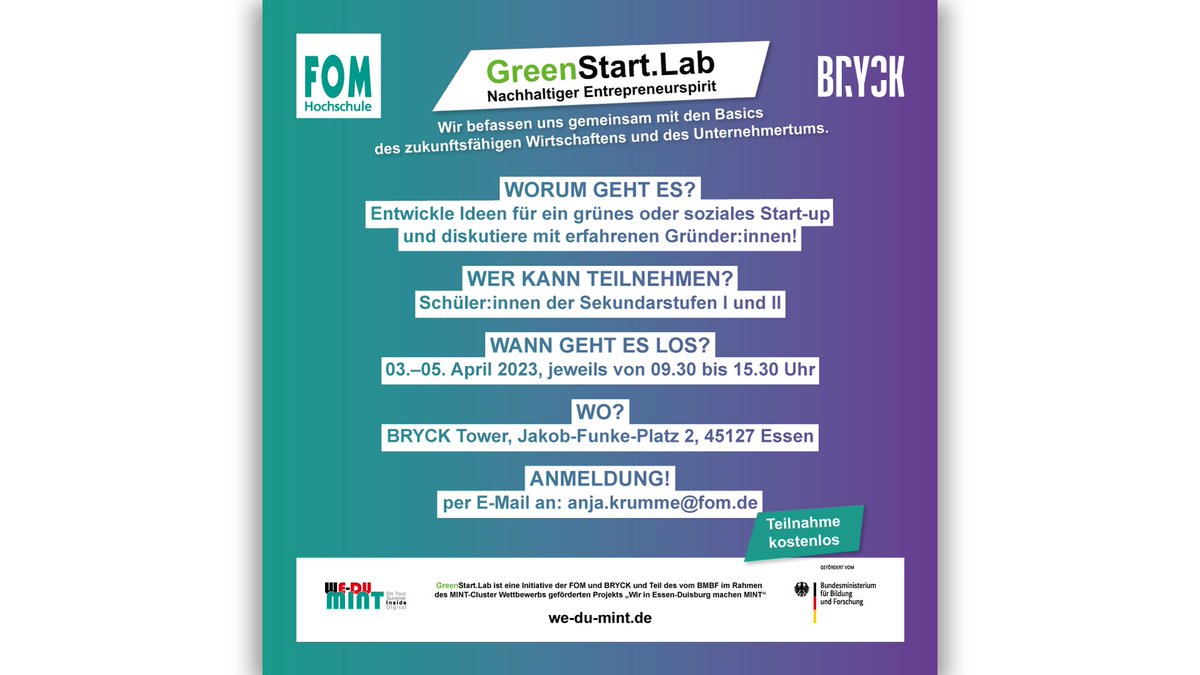 #NachhaltigesGründen – wie geht das? Im neuen 3-tägigen #Ferien-Workshop #GreenStartLab bekommen #Jugendliche aus <a href="/Essen_Ruhr/">Stadt Essen</a> &amp; Umgebung Antworten und entwickeln Ideen. Teilnahme ist kostenfrei: fom-blog.de/im-neuen-dreit…. #MINT #Feriencamp #Osterferien #zdi #FOMEssen #FOMHochschule