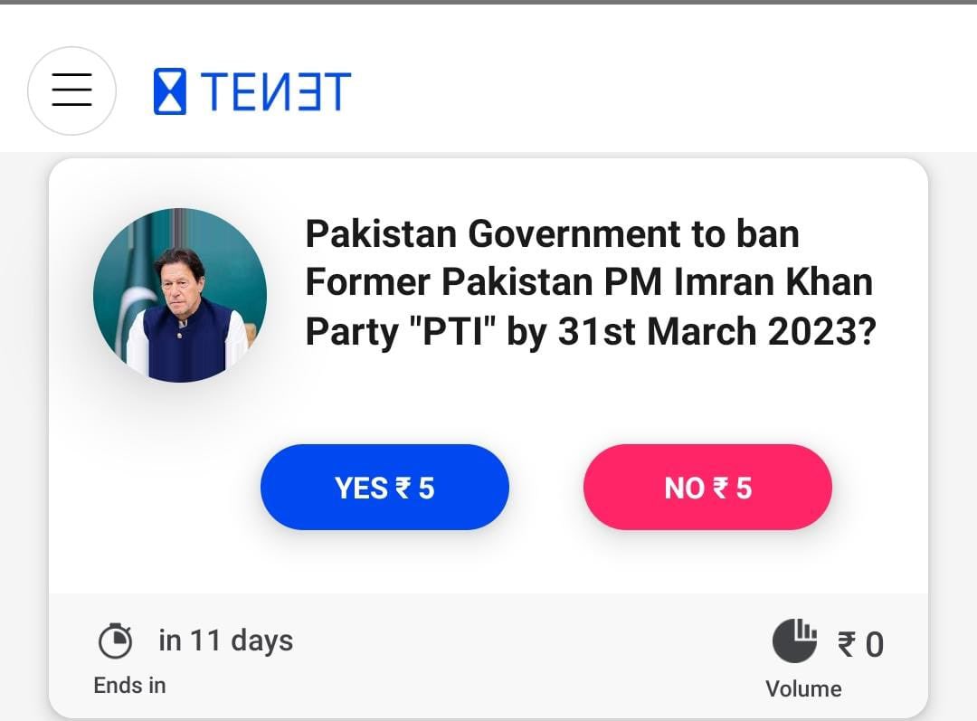 Let's place your opinions👀!! Will the Pakistan Government ban Former Pakistan PM Imran Khan party ' PTI' by 31st March 2023?? Let's see who predicts it right.💪

Tap on the link to participate. 
tenetapp.in

#Tenetapp #playwin #PredictAndWIn #PakistanPM #government