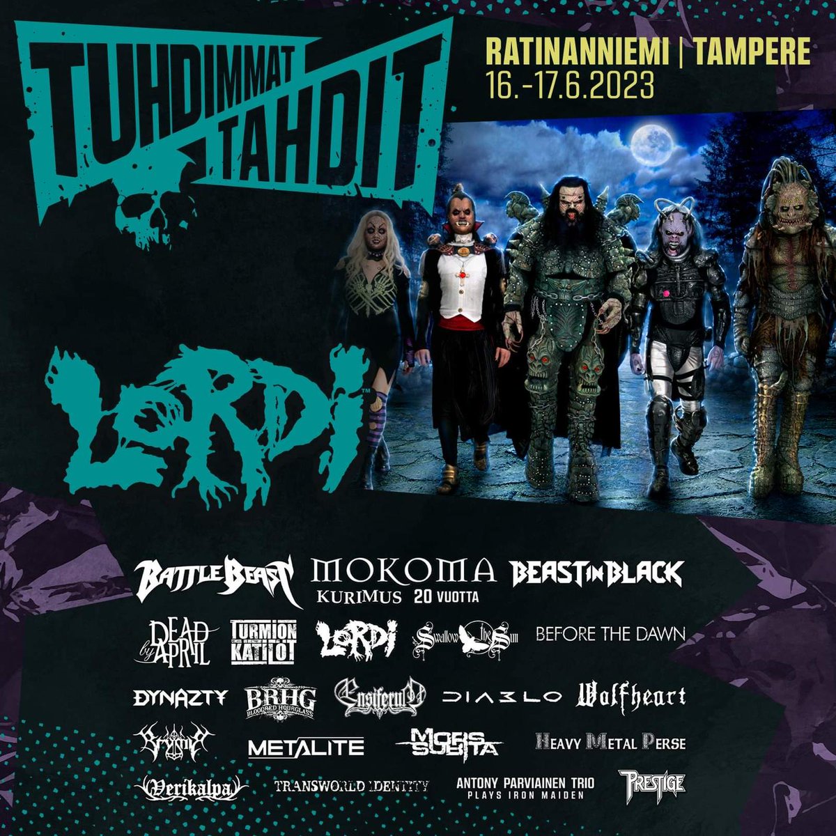 Tampere, Finland 🇫🇮! We joined the line-up of Tuhdimmat Tahdit and will play on June 16th 🔥! #lordi #screemwritersguild #tuhdimmattahdit #summer2023 #festivalseason #hardrock #heavymetal #monsterband