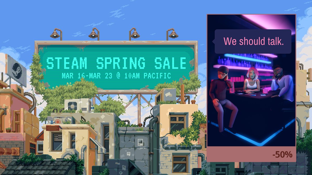 Spring is here and so is #SteamSpringSale~ 

Come and get #WeShouldTalk at 50% off before the sale ends on March 23rd! Check out many other great games as well!

#IndieGameDev #IndieGames