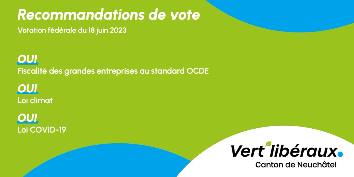 18 JUIN 2023 - VOTATION FÉDÉRALE

Les recommandations de vote des Vert'libéraux neuchâtelois sont les suivantes. 🍀