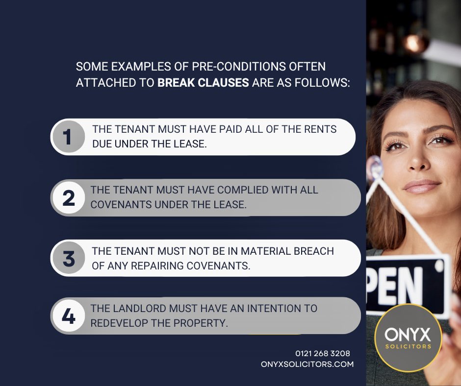 SolicitorsOnyx's tweet photo. Did you know a #breakclause can only be properly exercised if any conditions that have been attached to it have been satisfied.
Contact us if you need any advice regarding #commercialleases on:
📞 0121 268 3208
📧 info@onyxsolicitors.com
#commercialleaselawyers https://t.co/Z4NB2BuBqd