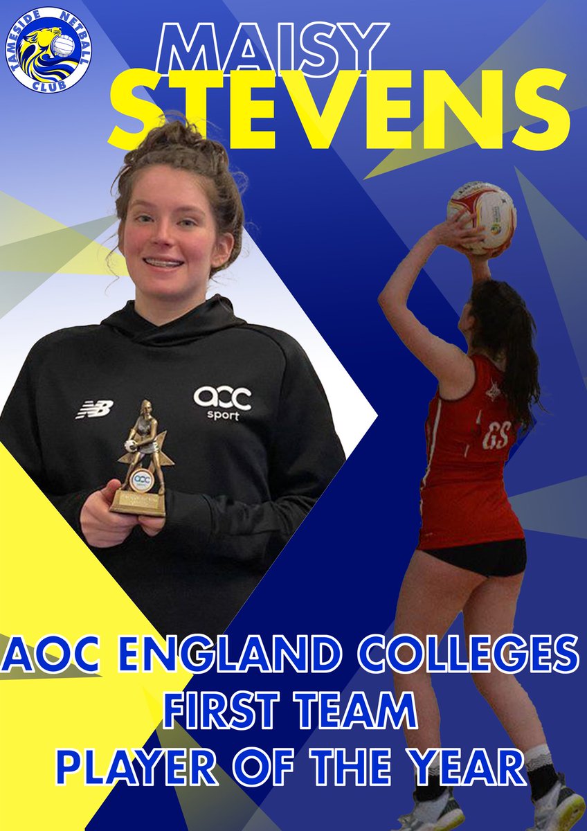 A big well done to <a href="/TamesideNC/">Tameside Netball Clb</a> U13s Ass. Coach &amp; <a href="/TamesideSeniors/">TamesideNCSeniors</a> NW Prem player <a href="/MaisyWinx/">Maisy</a> a great achievement with AOC England Colleges this weekend. 
#weareTameside #blueandyellow #workhardplayhard #netball #netballcoach #coach #EnglandColleges #AOC #playeroftheyear