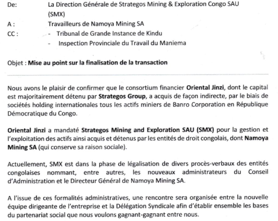bob56300's tweet photo. Diffusion samedi d'une lettre aux ex #Banro de L G Nyafé actionnaire majoritaire de l'oriental #JINZI au travers de ses 3 sociétés Stratégos, Auplata et CMT
Nomination du nouveau directeur du site #namoya et rencontre avec les représentants du personnels
#rdc #maniema #or $alamg https://t.co/dsp2fvqBN8