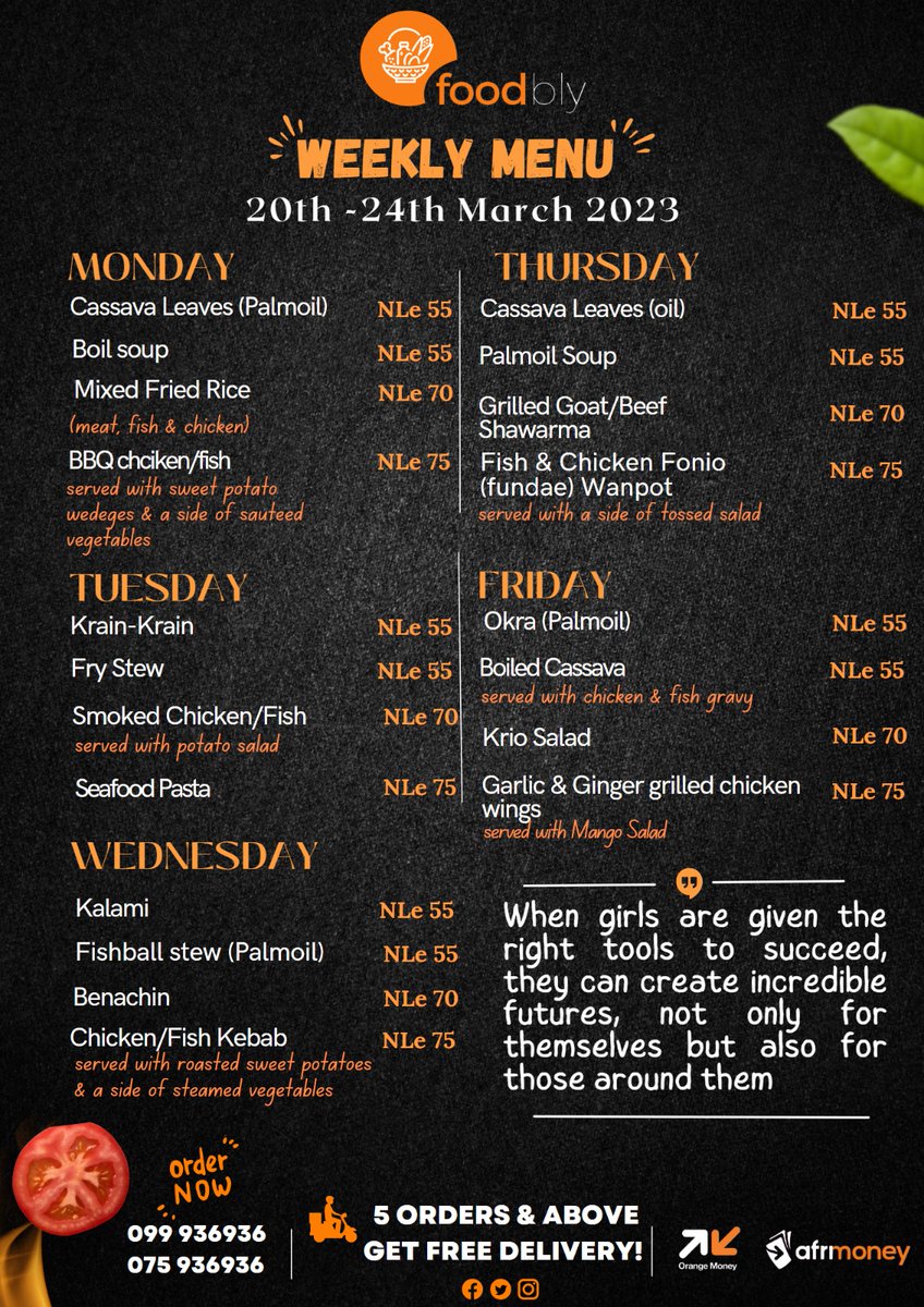 foodbly's tweet photo. Welcome to a new week! Wishing everyone a productive week π₯
We're open & excited to bring you your favourite meals ππ.
Call/SMS/WhatsApp 099/075 936936 to place your orders & for inquiries.
#Foodbly #NewWeek #WomensMonth #SaloneTwitter
P.S - Remember to be kind π§‘ https://t.co/kfx3A4MAtn