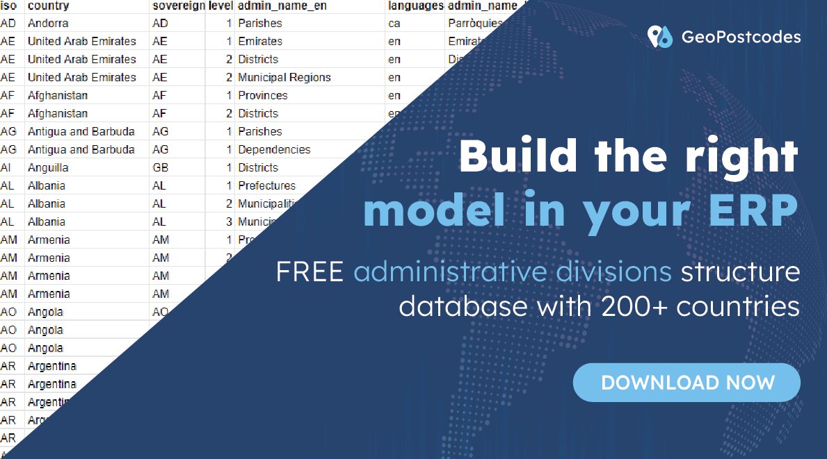 GeoPostcodes's tweet image. 🌐Download #GeoPostcodes&apos; FREE dataset with up-to-date postal code formats for 200+ countries.

Design and check your data model and structure.

🚛Use it to increase the efficiency of your logistics or supply chain operations.

eu1.hubs.ly/H03dtcd0