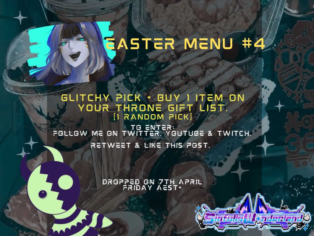 🔔EASTER MENU #4

👑Buy you 1 item on your THRONE GIFT LIST👑

⬇️How to Enter?
1. Follow me on Twitter, YouTube & Twitch
[sinfullywonderland.carrd.co]
2. RETWEET & LIKE this POST.

#Vtuber #VtuberEN #sinfullywonderland #VTuberUprising #Giveaways #eastergift