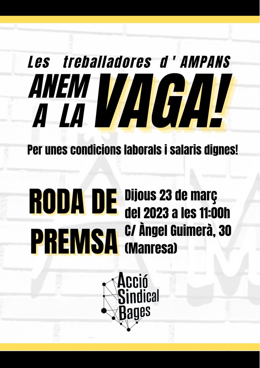 🔴📢 Les treballadores d'<a href="/Ampans/">AMPANS</a> anem a la VAGA‼️

Per unes condicions laborals i salaris dignes per a totes les treballadores i unes condicions de vida digna per les usuàries.

Roda de premsa aquest dijous 23 davant del TOUS del Manresa! Us hi esperem ✨