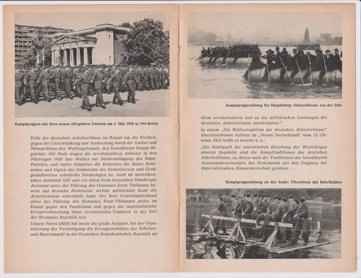 Covers and sample pages from a 1959 West German government pamphlet on the GDR's paramilitary 'Kampfgruppen der Arbeiterklasse'. The Kampfgruppen are described in the East German 'Kleines politisches Wörterbuch' as 'Vom Klassenfeind gehasst, vom Volk geliebt' . . .