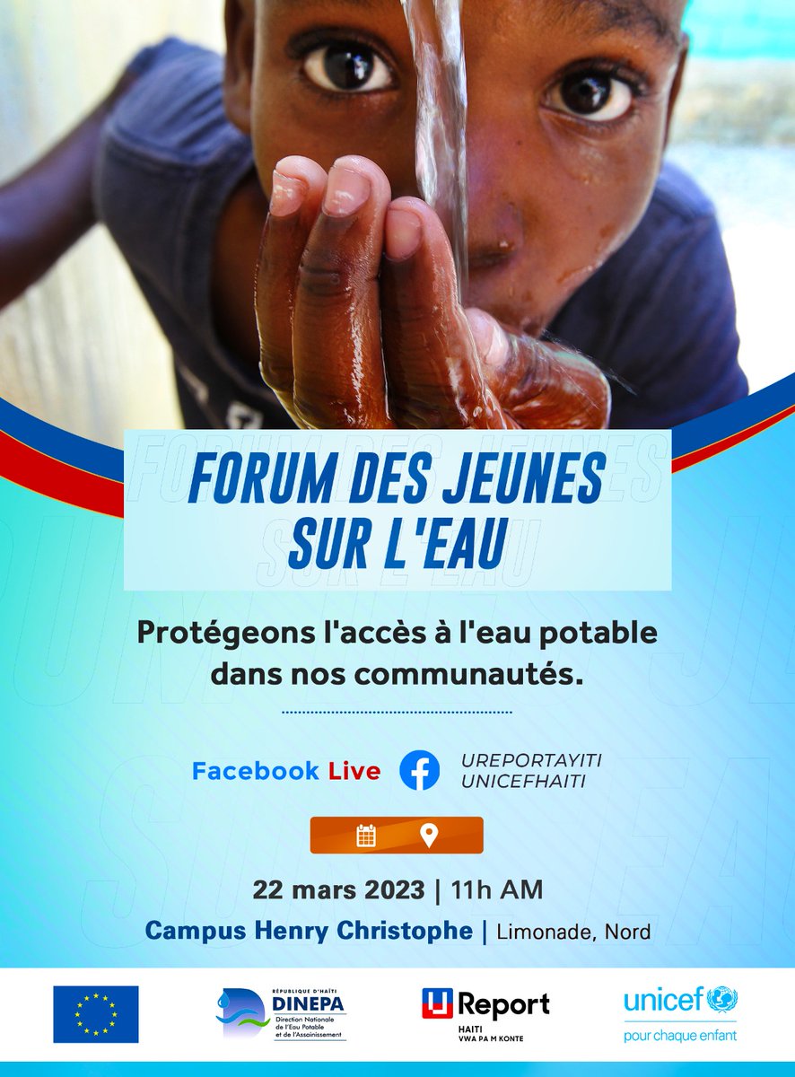 Le mercredi 22 mars, l’UNICEF et la DINEPA organisent un forum des jeunes sur l’accès à l’eau au Cap Haiti, avec l’appui de l’Union européenne. 

Suivez le Facebook Live des U-Reporters à partir de 11.00 sur UNICEF Haiti.

#PMSAN #JourneeMondialeDelEau