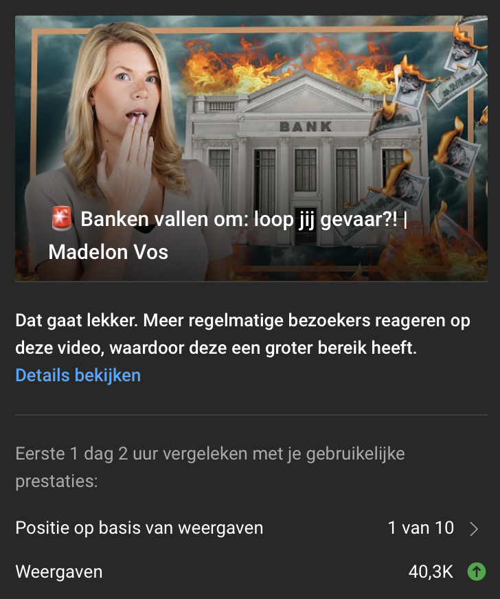 Wow, 40.000 kijkers in slechts 24 uur! 
Een video over het omvallen van banken en het risico hiervan.

Nog niet gekeken? Doe dat dan!
Wel gekeken? Deel deze video dan met iedereen die je lief is. youtu.be/boS70OH81P8