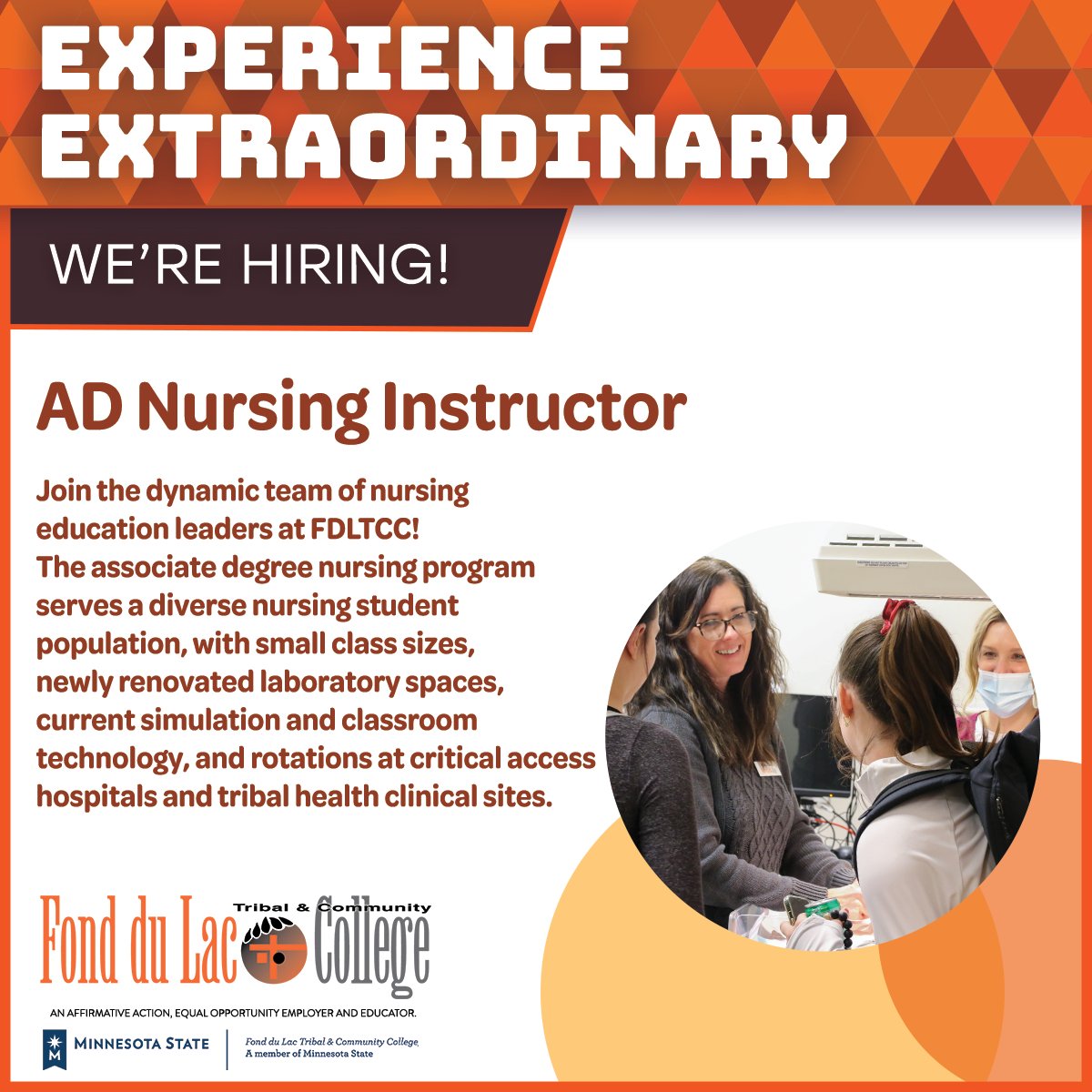 We're #hiring! Join the fantastic team of nursing educators at #FDLTCC as an AD Nursing Instructor! Learn more and apply at fdltcc.peopleadmin.com/postings/1555. Posting number: F049P.