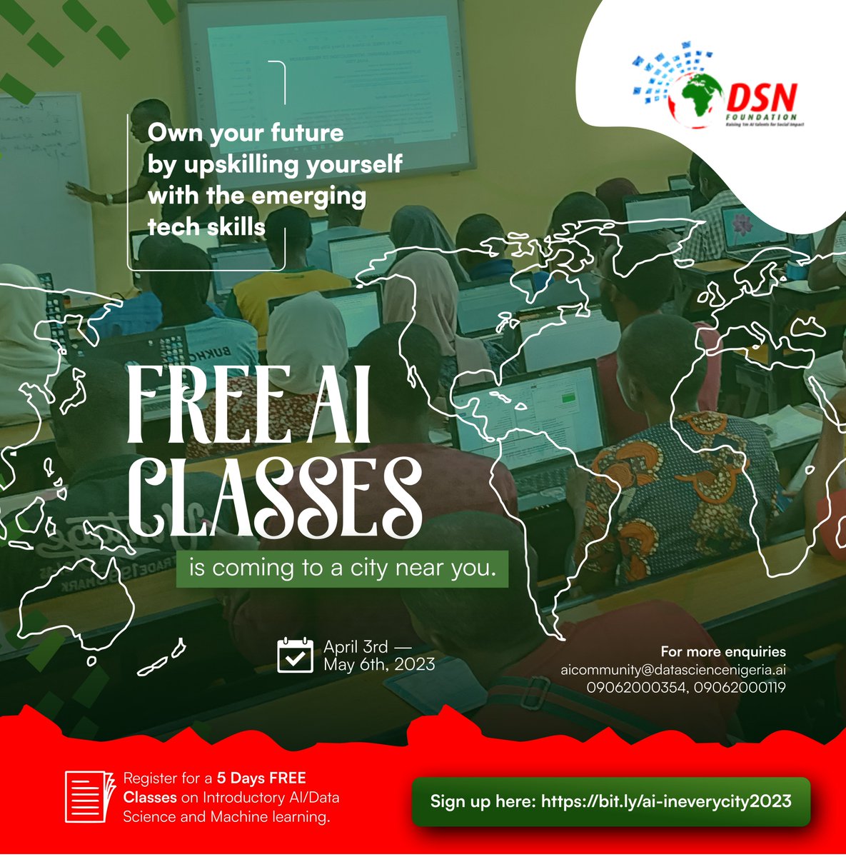 dsn_ai_network's tweet photo. DSN FREE AI Classes is coming to a city near you.

Grab the lifetime offer, secure your future &amp; impact your community.

Register to:
1. Host- https://t.co/rcuMylDK5x​
2. Tutor- https://t.co/5BPqZm8Yay​
3. Join as a student- https://t.co/2C7PL3jYlK​

Click>https://t.co/2ejciB8Pfe https://t.co/AQu3czi8BW