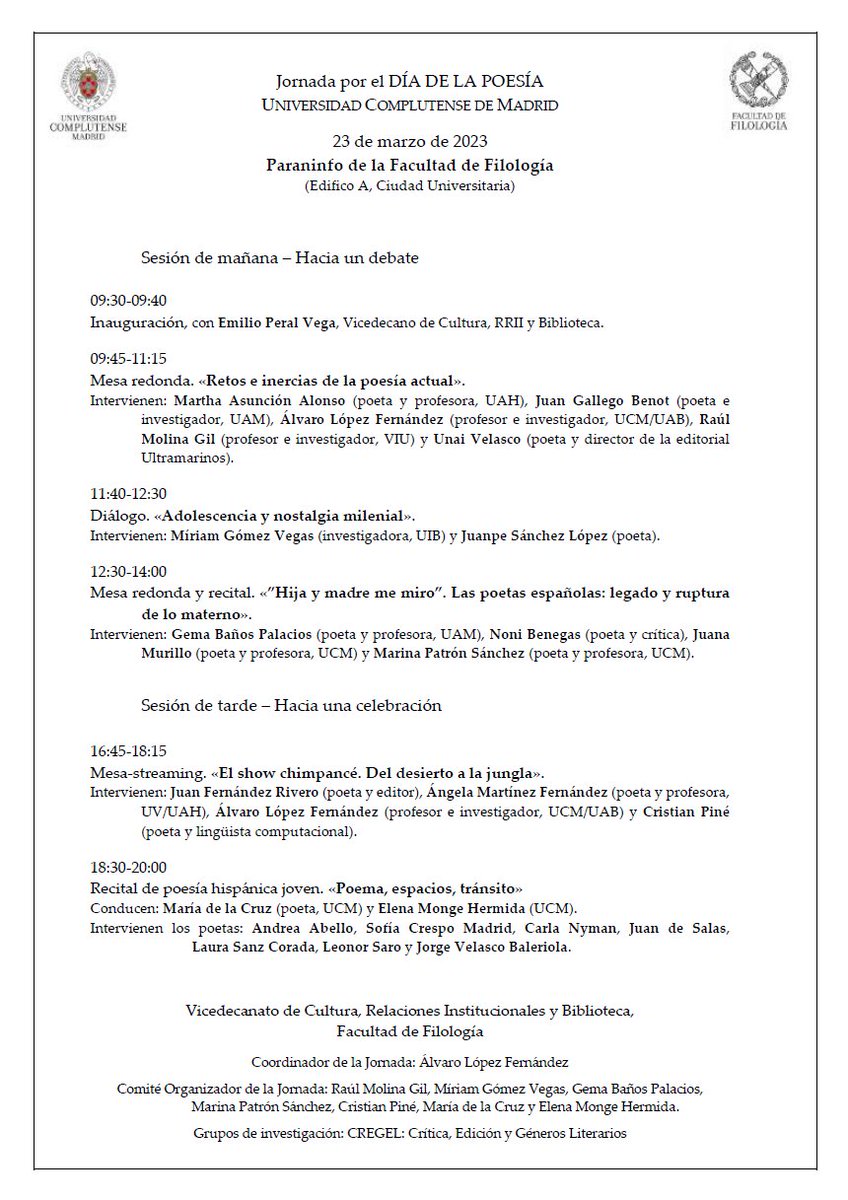 ¡Vaya pedazo de jornada! Todo el día ahí apoltronado en el Paraninfo de Filo, con muchos amigos del canal en las mesas de la mañana.
Y por la tarde, ven con los monitos: show en directo y recital organizado por la siempre chimpancé <a href="/mdelacruz_0/">maría de la cruz</a> 🐵