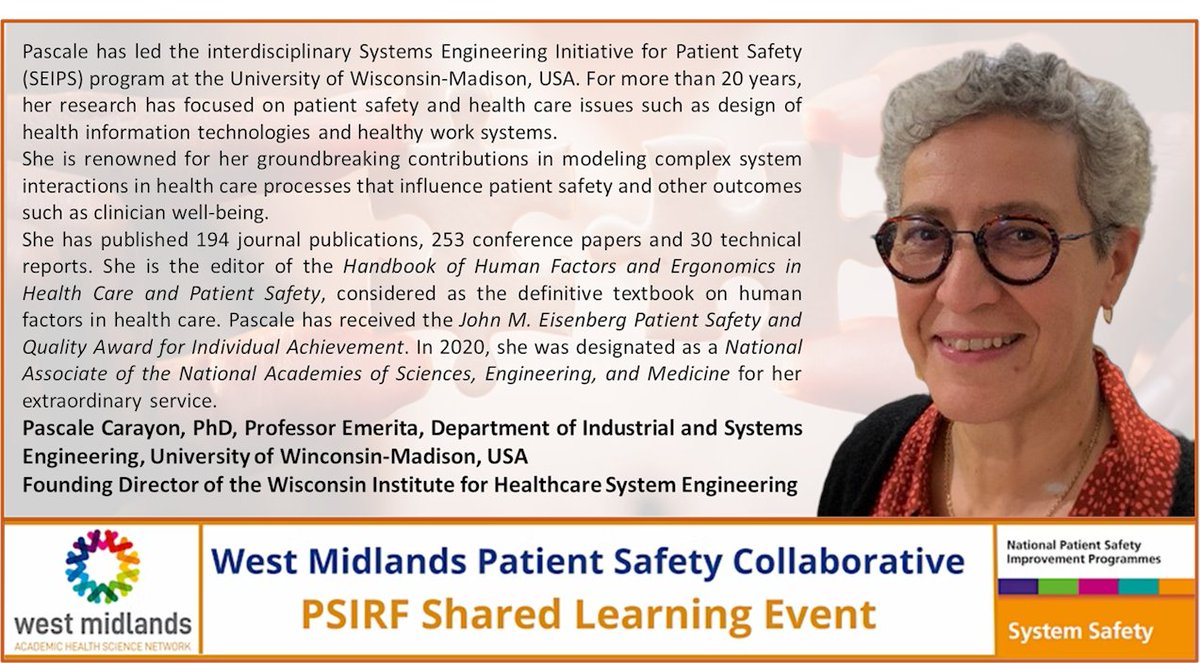 West Midlands PSC (@ptsafetywm) on Twitter photo We are honoured to have Prof Pascale Carayon (Uni of Wisconsin at our 4th webinar (bit.ly/3ljoM1T). She and her colleagues created the SEIPS model lead the programme in the USA.
<a href="/Dhodgkiss5/">Daniel Hodgkiss</a> <a href="/HarropVictoria1/">Victoria Harrop</a> @carayonp
<a href="/ErgoFran/">Fran Ives</a> @steve_tipper We are honoured to have Prof Pascale Carayon (Uni of Wisconsin at our 4th webinar (bit.ly/3ljoM1T). She and her colleagues created the SEIPS model lead the programme in the USA.
<a href="/Dhodgkiss5/">Daniel Hodgkiss</a> <a href="/HarropVictoria1/">Victoria Harrop</a> @carayonp
<a href="/ErgoFran/">Fran Ives</a> @steve_tipper