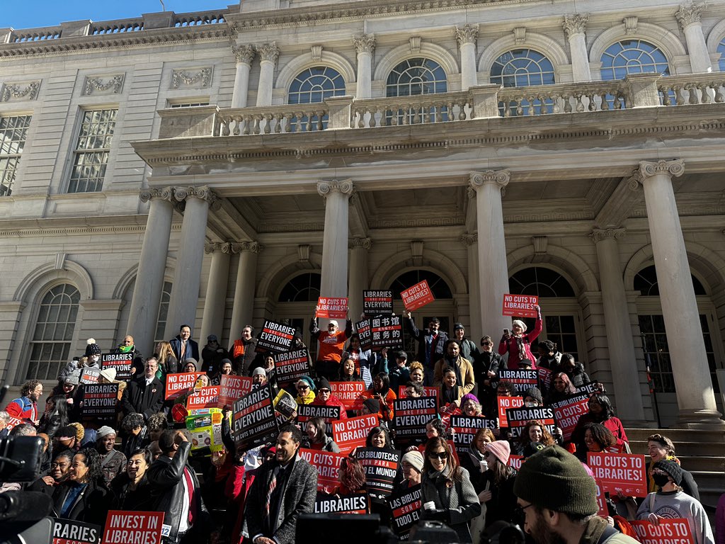 Supporters of <a href="/BKLYNlibrary/">Brooklyn Public Library</a>, <a href="/nypl/">NY Public Library</a>, and <a href="/QPLNYC/">Queens Public Library</a> are gathering at City Hall for a rally and hearing about the proposed $36.2 million cuts to libraries. Tell <a href="/NYCMayor/">Mayor Eric Adams</a> &amp; <a href="/NYCCouncil/">New York City Council</a>: #NoCutsToLibraries!

New Yorkers, add your name to support: nypl.org/speakout