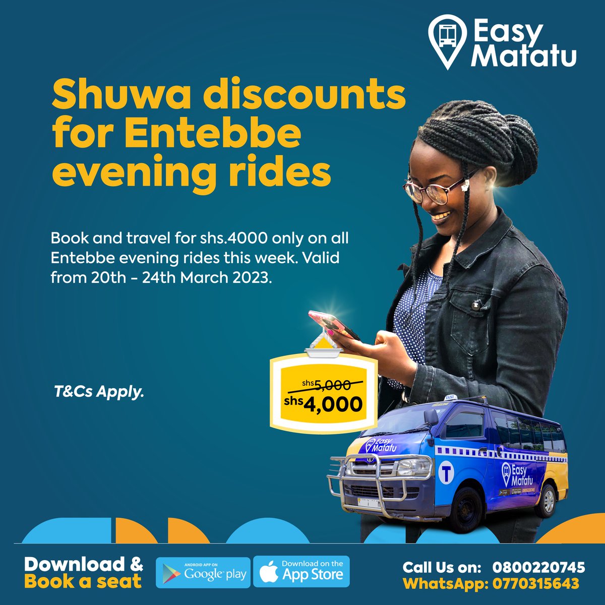 Shuwa discounts on all Entebbe evening rides this week 🥳🥳
Book and travel for only UGX 4,000 on all evening rides to Entebbe this week! Book now at applink.easymatatu.com/EBB  to get the discount. Remember, if you don't book, the ride will cost UGX 5,000. Don't miss out!