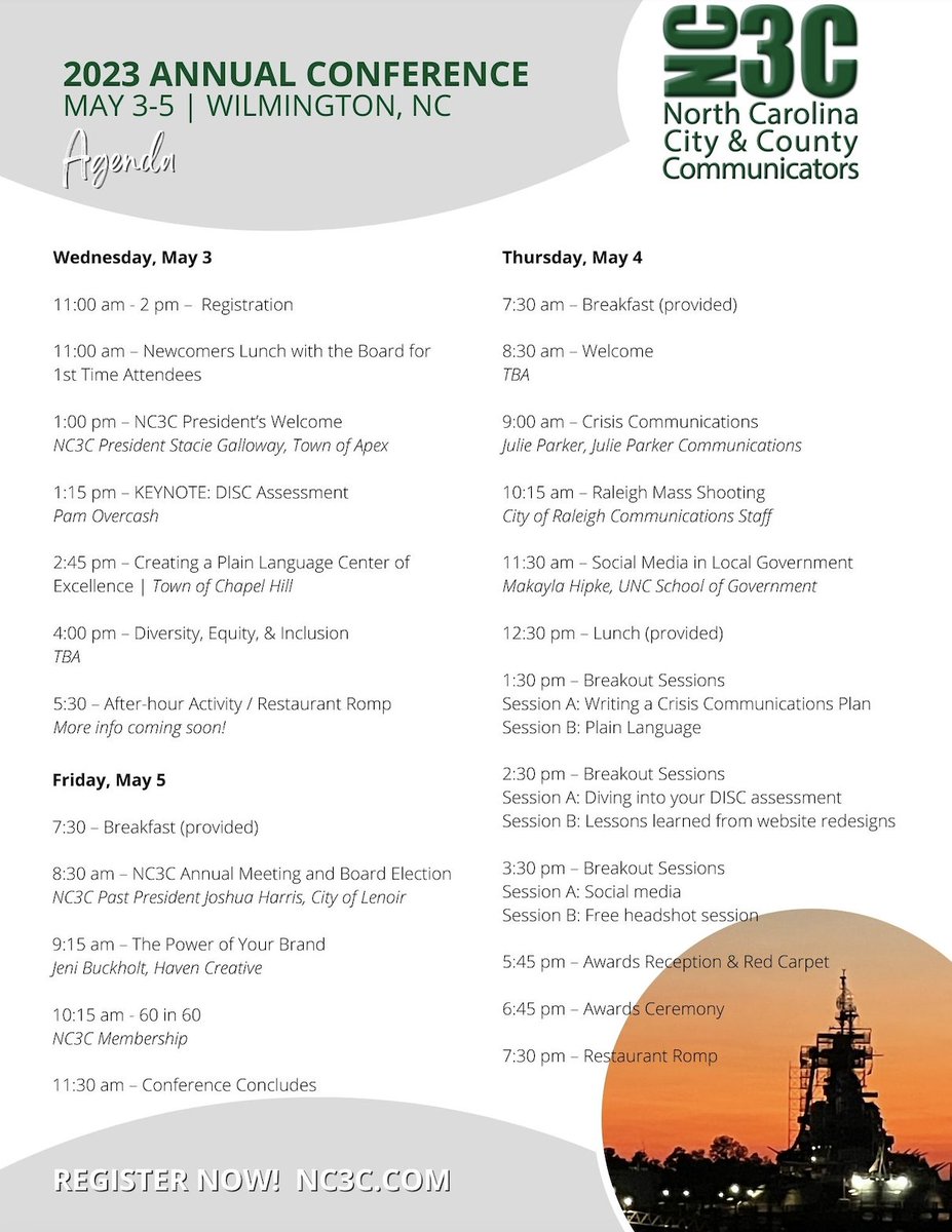 NCCommunicators's tweet photo. The registration for our 2023 Annual Conference in Wilmington from May 3-5 is open. REGISTER HERE https://t.co/nvIQYaB1DJ by April 19 to get the early bird rate of $275. Registration between April 20 and May 3 is $300.  Check out the agenda for this exciting conference: https://t.co/IDHmQQHgev