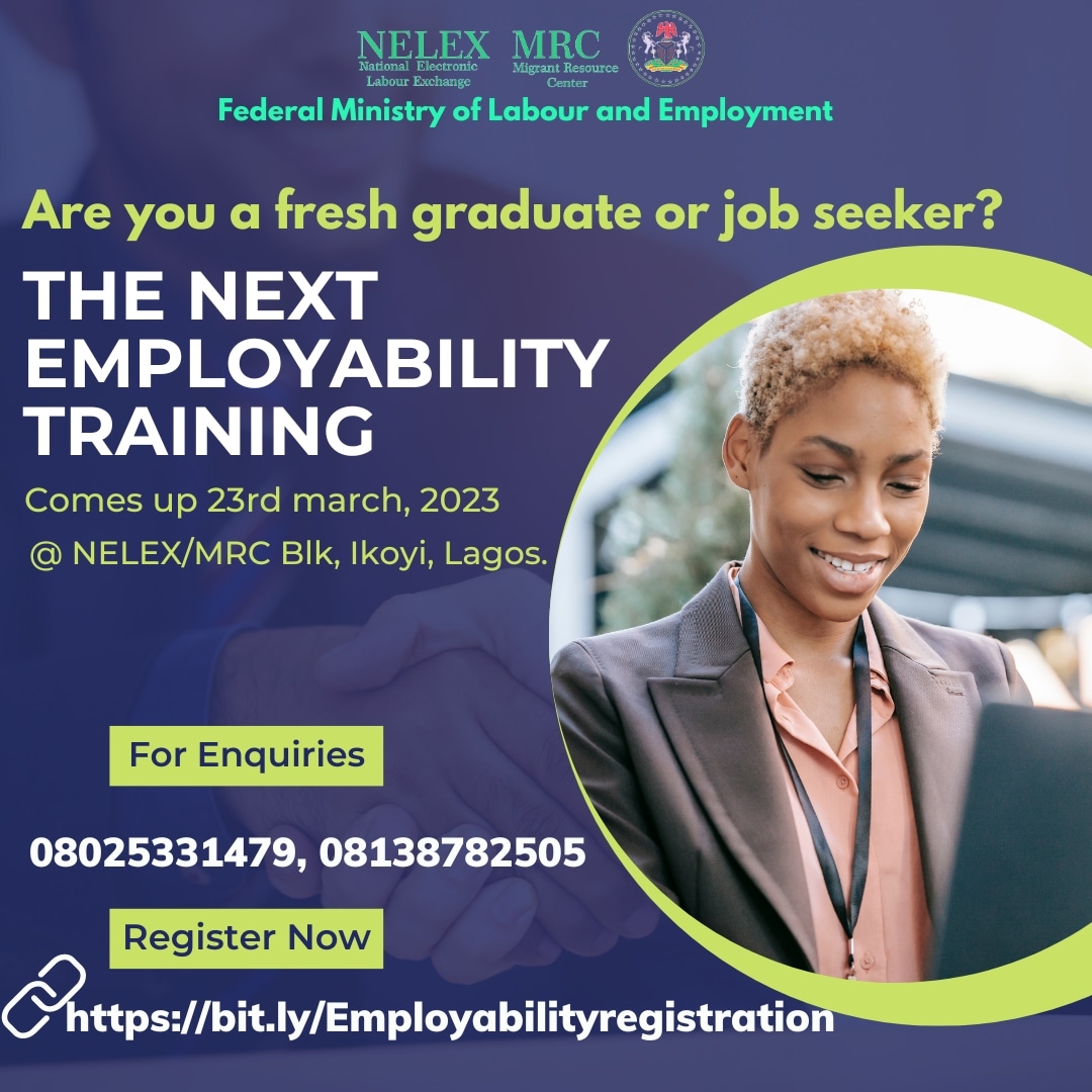 Are you a job seeker or a young graduate?
Do you have what it takes to get your dream job?
If you want to know more register with the link below:
bit.ly/Employabilityr…

#mrclagos
#employabilitytraining
#careerguidance
#safemigration
#fmlenelex