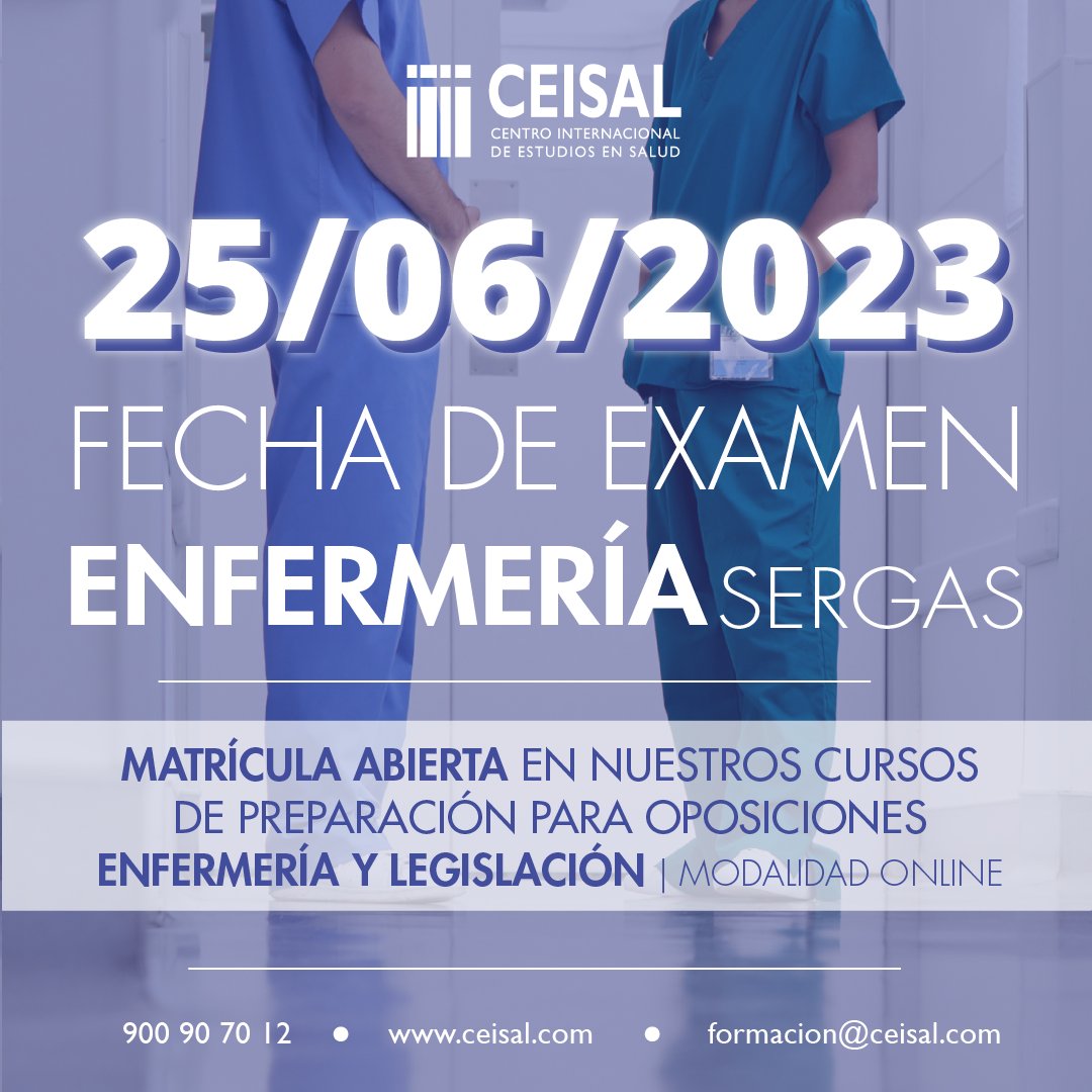 💥 Tenemos fecha de examen para la OPE-SERGAS de #enfermería 

🗓️ Domingo 25 de JUNIO

¡MATRÍCULA ABIERTA para nuestros cursos de preparación para oposiciones! 
👉 OPE-SERGAS ENFERMERÍA: ceisal.com/cursos/ope_ser…
👉 OPE-SERGAS LEGISLACIÓN: ceisal.com/cursos/ope_ser…

#opesergas