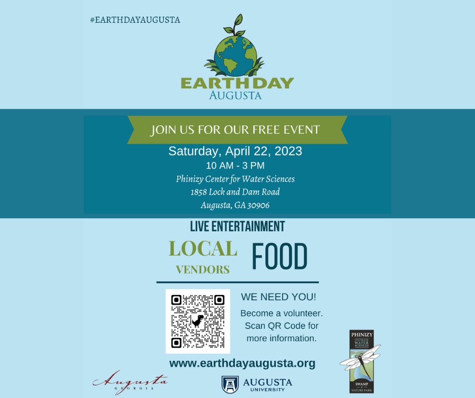Mark your calendar for this year’s #EarthDay <a href="/PhinizyCenter/">Phinizy Center for Water Sciences</a> ! Lots of exciting activities planned. Visit earthdayaugusta.org for more information.
#AugustaH2O