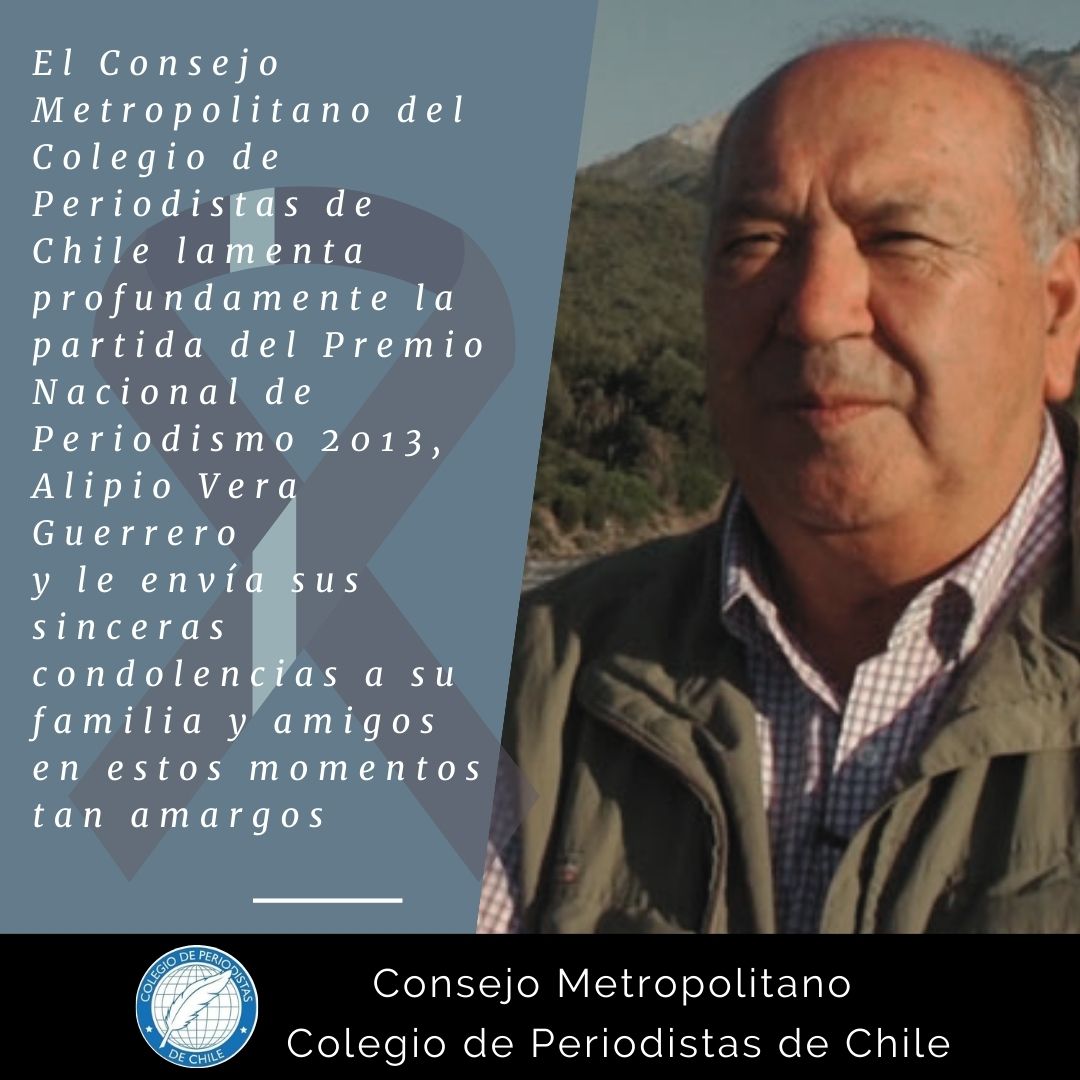 Periodistas_RM's tweet photo. ⚫️Lamentamos profundamente la partida del Premio Nacional de Periodismo 2013, Alipio Vera. Enviamos nuestras condolencias a sus compañeros de generación "Planetarios", para los colegas y amigos de sus sus hijos periodista Carolina y Rodrigo y para su esposa Sonia e hija Paula. https://t.co/rpjtdjxlQI
