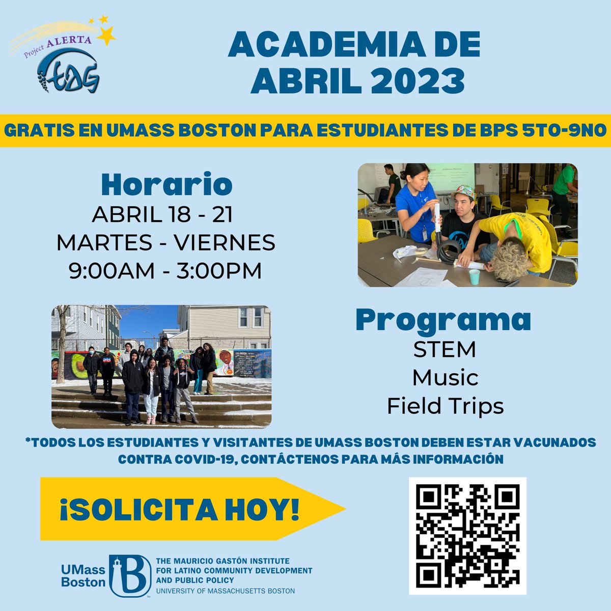 TAG_1985's tweet photo. ¡Hola Familia!
Disfrutamos mucho nuestro Programa de Febrero y estamos emocionados por el Programa de Abril.
En Abril tendremos cursos de música y STEM para estudiantes de Boston de 5to-9no grado.
Para solicitar o preguntas, contáctenos por email, llamada o mensaje de texto. https://t.co/siJz9C0rfd