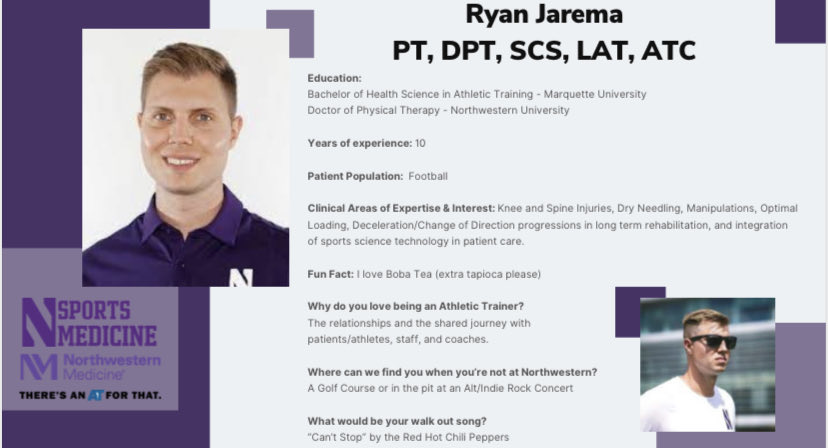 NUSportsMed's tweet photo. There's an AT for that. Today, we highlight Ryan Jarema!
.
.
#NationalAthleticTrainingMonth #AT4ALL #NATM #NATM2023 https://t.co/y0Ks5U5jmV