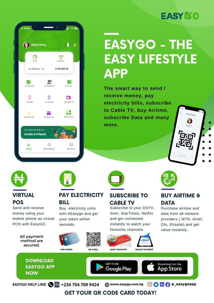 _easygoapp's tweet photo. #Easygo for easy life.
Download now.
Google Play Store: https://t.co/LNFQHzh80C?
Apple app store: https://t.co/kIhm0VU6xF

#billpaymentapp #easygoapp #easylife #easypayment #QRcodepayment #electricitybill #billpayments https://t.co/fIn3xaMUII