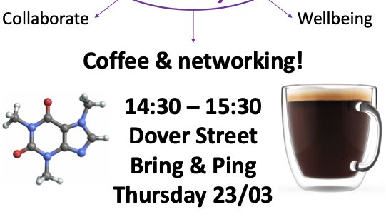 Dear PostDoc's this week's coffee and networking is in the Dover Street building. Please come along and be a part of the department postdoc network.

Look out for our posters and emails for more upcoming events!
