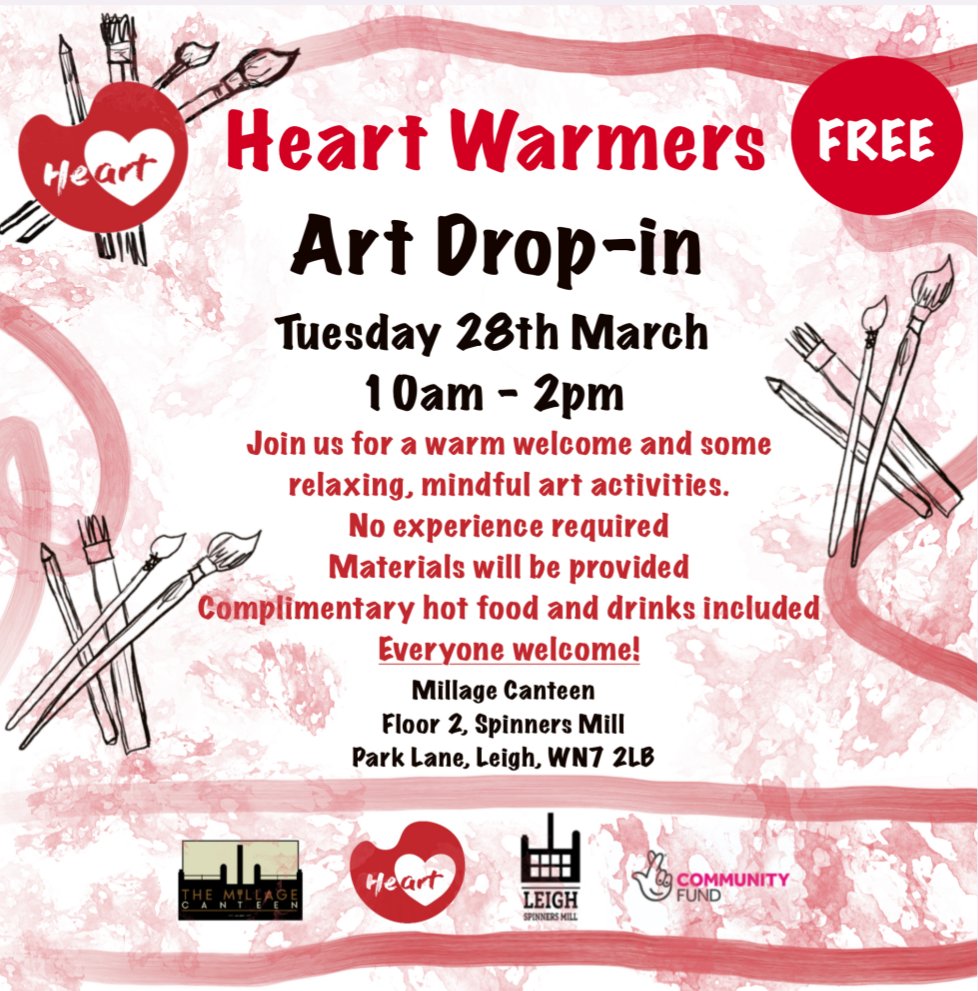 Join us @millagecanteen on floor 2 @SpinnersMill for a relaxing, mindful art activity and complimentary refreshments. A warm welcome awaits you! ❤️🎨 
#art #community @TNLComFund #MentalHealthMatters #creativewellbeing #creativehealth #fivewaystowellbeing
