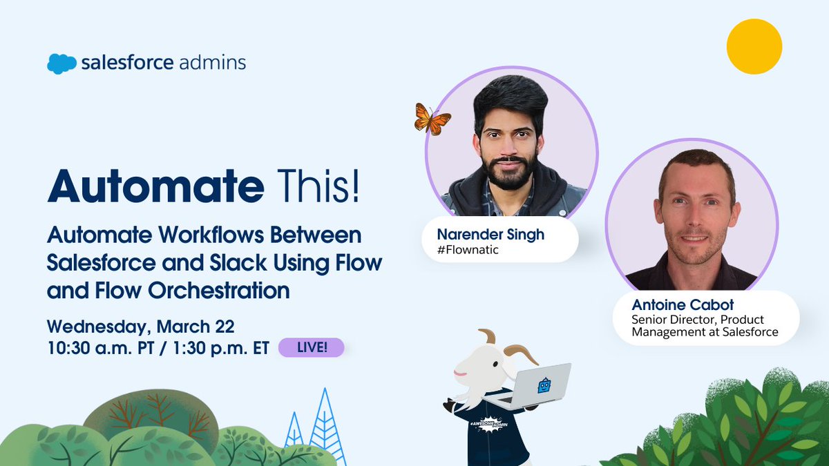 And we're back this Wednesday, March 22, for another LIVE episode of Automate This!

Check out two use cases for using Flow or Flow Orchestration with Slack as an automated workflow solution from <a href="/Nads_P07/">Narender Singh 🇮🇳 🇩🇪</a> and @antoinecabot. 

Set up your reminder now: sforce.co/AT0322