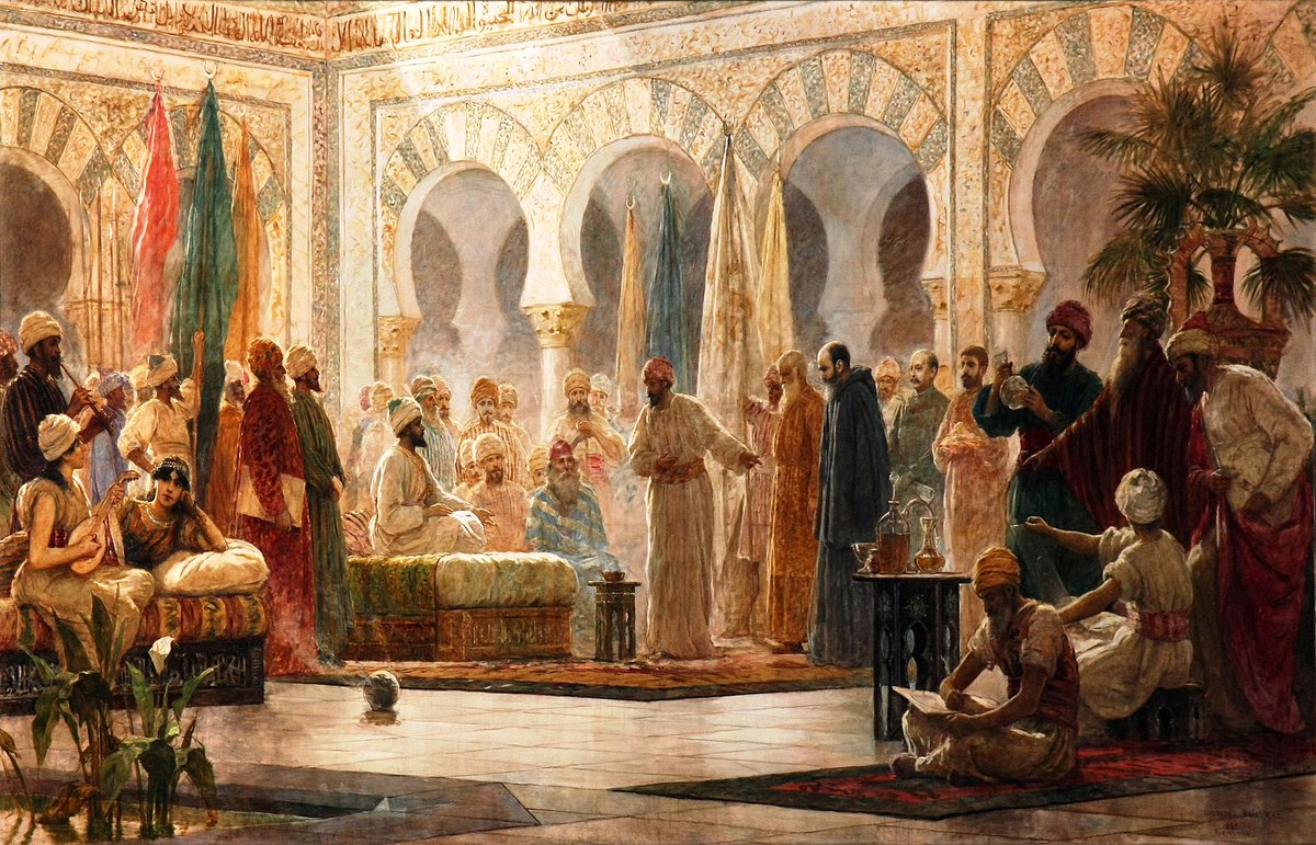 SieboldMagnolia's tweet photo. An LLM and art identification:

Today I attempted to discover the title and artist of a painting I saw a glimpse of while on YouTube.  To begin, the painting, seen here, is entitled "La civilització del califat de Còrdova en temps d’Abd al-Rahman III" by Dionís Baixeras (1885) https://t.co/rOWDMFvD5t