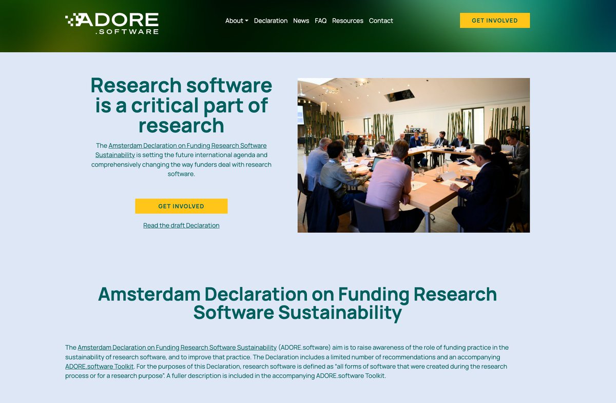 Remember the International Funders Workshop (#fundresearchsoftware) we co-hosted w/ @ResearchSoft back in Nov 2022 that aims to develop the Amsterdam Declaration on Funding Research Software Sustainability (#AdoreSoftware)?

Well, we have a new website🥳👇
adore.software