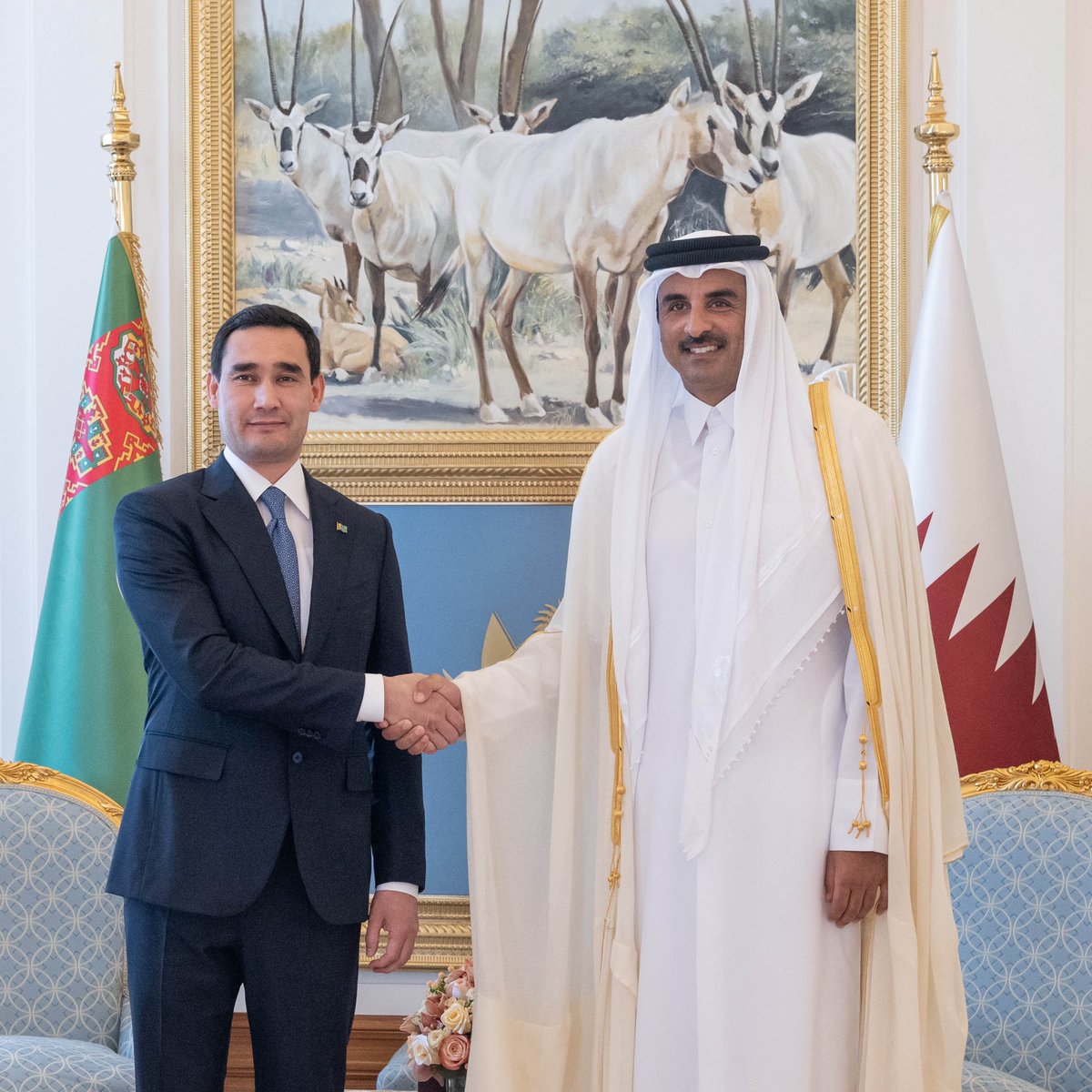 TamimBinHamad's tweet photo. سعدت اليوم باستقبال الرئيس سردار بيردي محمدوف رئيس تركمانستان الصديقة، وبالمباحثات التي جرت بيننا بشأن سبل تعزيز التعاون بين قطر وتركمانستان في مختلف المجالات لما فيه خيرهما، وآخر المستجدات ذات الاهتمام المشترك على الساحتين الإقليمية والدولية. https://t.co/c6sXQXf2CP