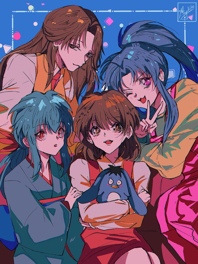 multiple girls brown hair kimono blue hair japanese clothes brown eyes long hair  illustration images