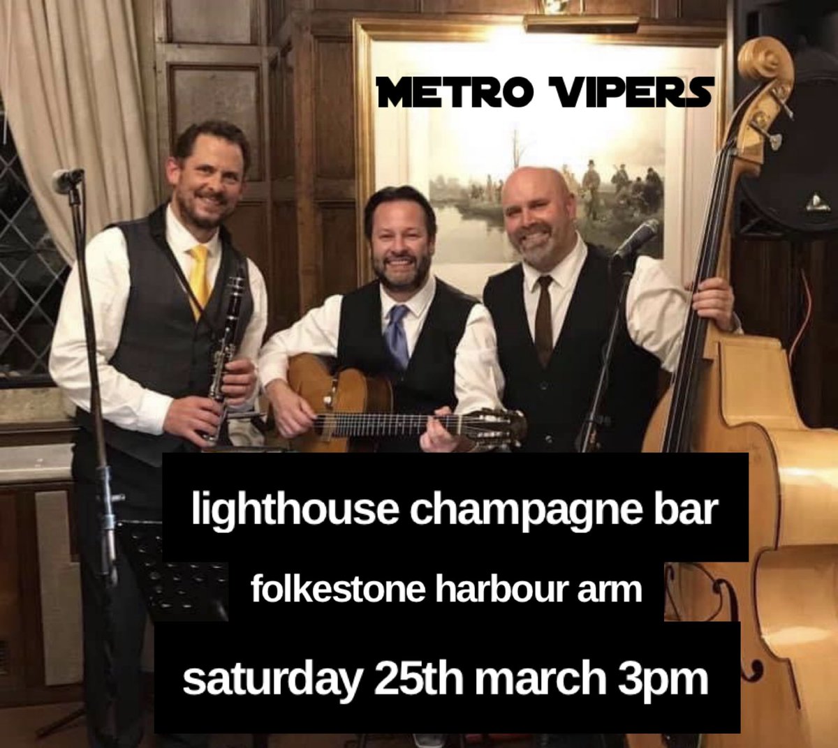 This Saturday 25th March from 3pm you can catch us at the Lighthouse Champagne Bar on @FstoneHbourArm in…Folkestone! Come on down for swing jazz & champagne #folkestonekent #metrovipers #swingjazz #kent #gypsyjazz #rocknroll #acousticguitar #doublebass #saxophone #clarinet