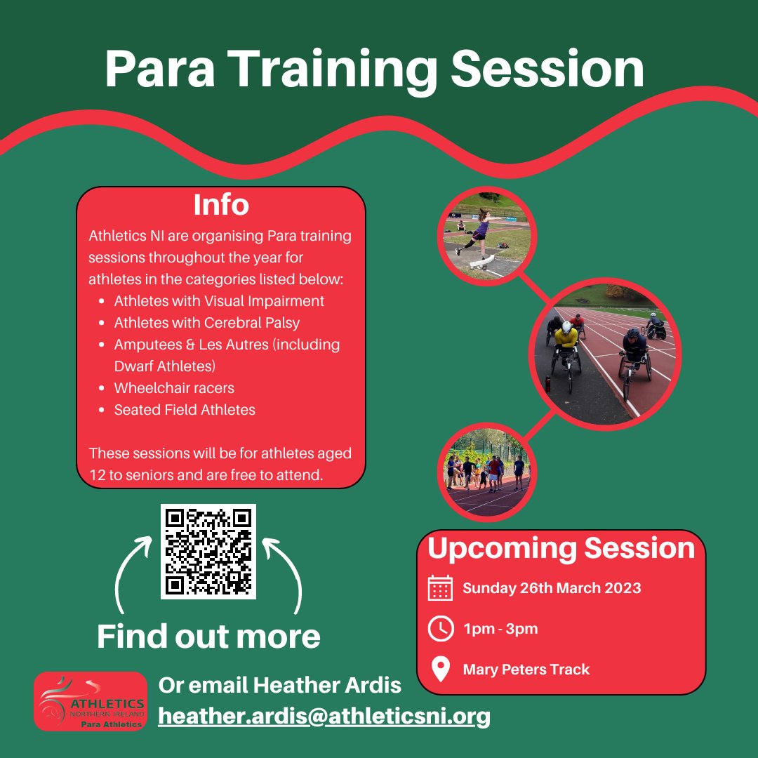 📢 Para Training Session 📢

Our next para session is this Sunday (26th March).

Get entered 👇
athleticsni.org/Athletes/Para-…

#ParaAthletics #Training 
<a href="/ParalympicsIRE/">Paralympics Ireland</a> <a href="/ParalympicsGB/">ParalympicsGB</a> @DSNI_tweets