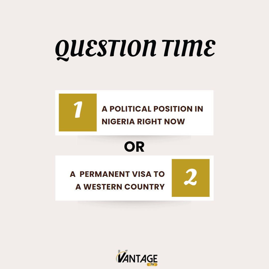 TheVantageTV's tweet photo. If you were faced with these two options at this time in Nigeria, which would you pick?
Leave your comments below.
Don't spoil the fun.

#electionresult #2023GeneralElections #jappa #PoliticsLive https://t.co/nTQh9HAQTK