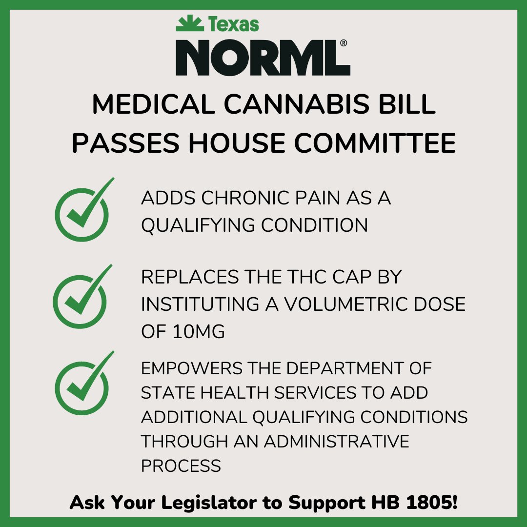 TexasNORML's tweet photo. HB 1805 has been amended and passed out of committee! It heads to the Calendars Committee to be scheduled for consideration by the full #Texas House of Representatives. #TXLege #TexasNORML #NORML

Ask your Representative to vote YES when the time comes: https://t.co/H0DburlAei https://t.co/sdDf7RTz7g