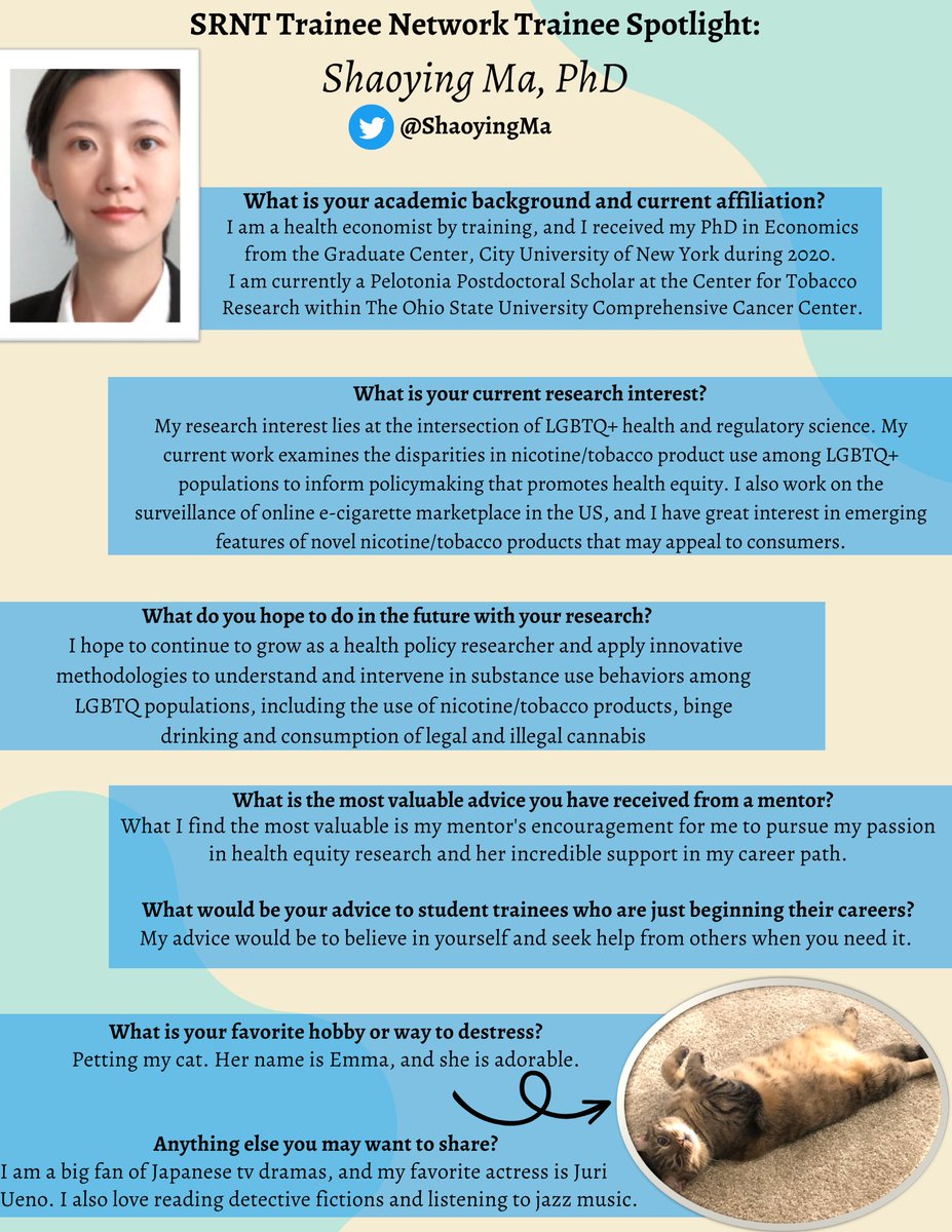 SRNT Trainee Network (@traineesrnt) on Twitter photo Our first Trainee Spotlight is featuring Dr. <a href="/ShaoyingMa/">Shaoying Ma</a> , a postdoctoral scholar at <a href="/OSUWexMed/">The Ohio State University Wexner Medical Center</a>! 😀 Our first Trainee Spotlight is featuring Dr. <a href="/ShaoyingMa/">Shaoying Ma</a> , a postdoctoral scholar at <a href="/OSUWexMed/">The Ohio State University Wexner Medical Center</a>! 😀