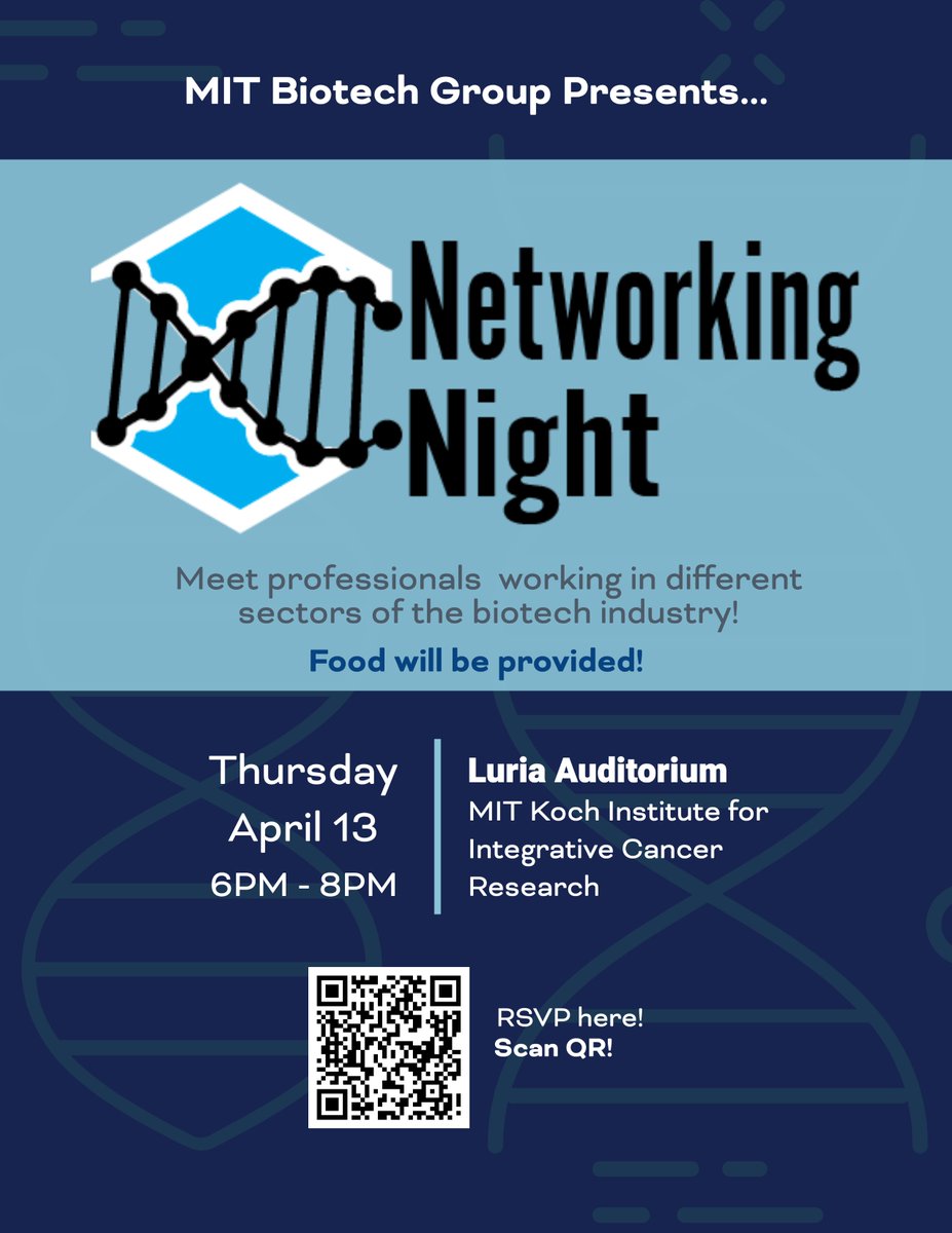 Are you a student interested in networking in biotech? Come to our Networking Night on April 13, 6 - 8 PM, at the Koch Auditorium to meet representatives from 35+ innovative companies. Refreshments provided. RSVP here: mitbiotechgroup.typeform.com/to/Jb00vdF0
