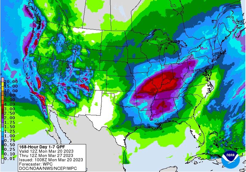 This map shows the seven day quantitative precipitation forecast for the contiguous United States, but NOAA's National Weather Service Weather Prediction Center. Multiple inches of precipitation are expected along the West Coast, particularly Southern California. The West as a whole looks very wet. The Mississippi River Basin is also expecting multiple inches of precipitation. The eastern Southwest and western Southern Plains (plus South Texas) looks dry.