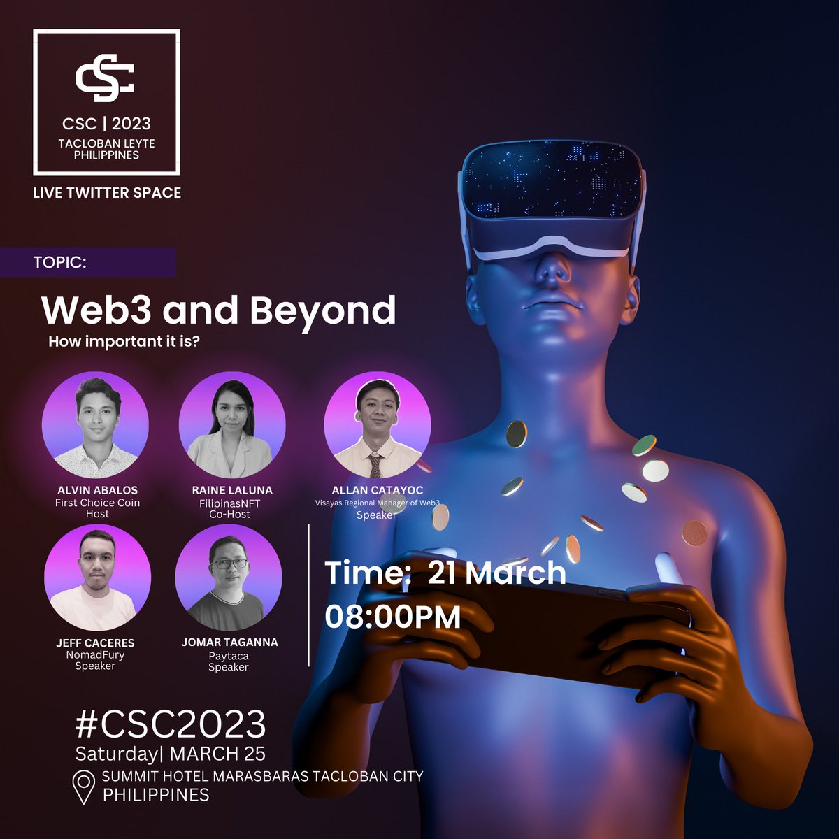 #TwitterSpace with CSC | 2023 Participants
• Time: 21 March, 08:00 PHT
It's a pleasure to discuss and explore the potential of Web3 &amp; Beyond here in the Twitter space, and it's going to be enlightening.