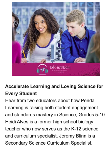 Hear from two Florida district science specialists about how #PendaScience is raising both student engagement and standards mastery in Science, grades 3 - biology.

Listen here: podbean.com/pu/pbblog-wv7p…

#PendaScience
#EdChat
#SciChat
#ScienceEd
#NGSS
#eLearning
#EdTech