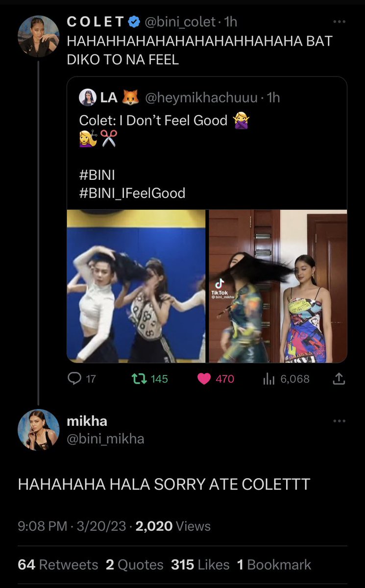 I just needed that Mikholet twitter interaction. MISSION ACCOMPLISHED 😭😭😭
#BINI #BINI_IFeelGood