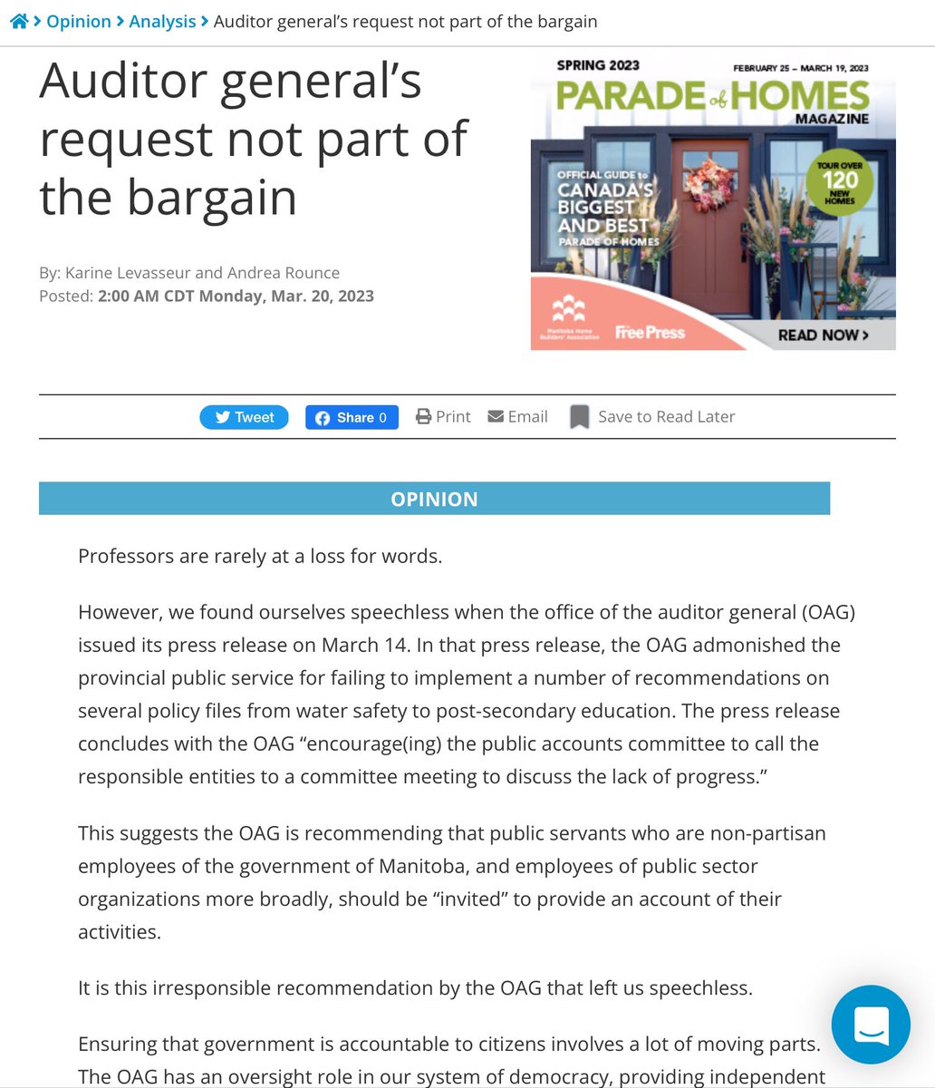 Op Ed co-written with Andrea Rounce!  Appearing in todays WFP!  Bringing politically neutral public servants in front of Public Accounts Committee risks breaking the bargain. #mbpoli